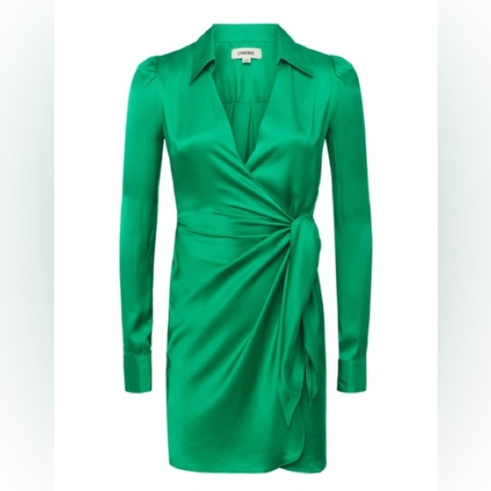 NWT L'AGENCE Amani Wrap Mini Satin Dress in Grass Green Size 0